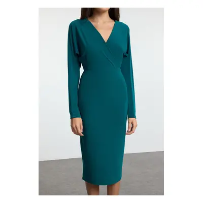 Trendyol Emerald Green Plain Midi Batwing Sleeve Detailed Fitted Elastic Midi Knit Dress