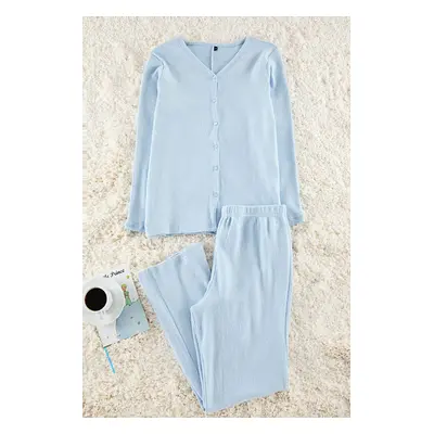 Trendyol Curve Baby Blue Brushed Soft Ribbed Cardigan Knitted Pajama Set