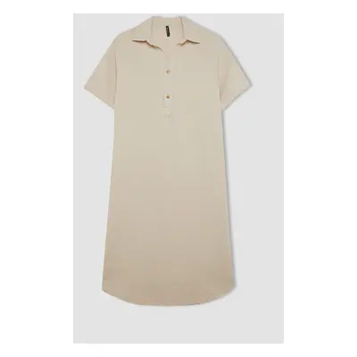 DEFACTO Regular Fit Buttoned Polo Neck Basic Plain Muslin Short Sleeve Mini Dress