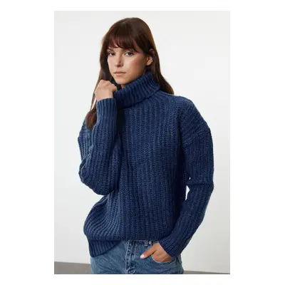 Trendyol Indigo Wide Fit Soft Textured Basic Knitwear Sweater