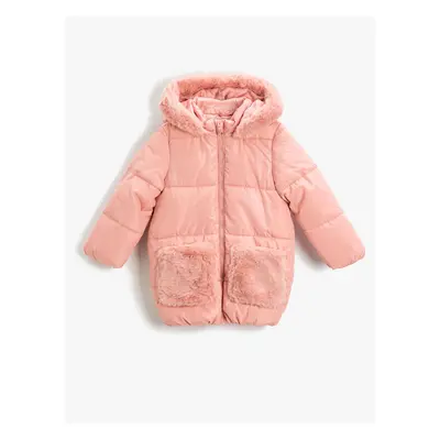 Koton Long Puffer Coat Plush Detailed With Pocket