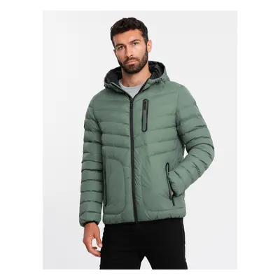 Ombre Men's sports quilted jacket with contrasting zipper - khaki