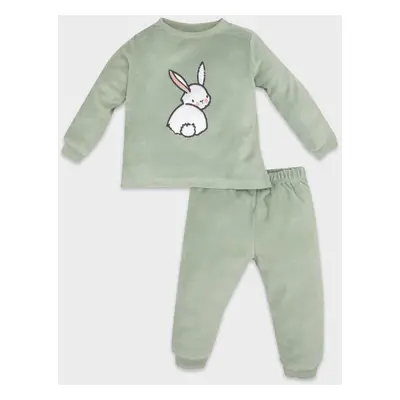 DEFACTO Baby Girl Pajama Set Rabbit Printed Velour Long Sleeve Top Elastic Waist Long Bottom