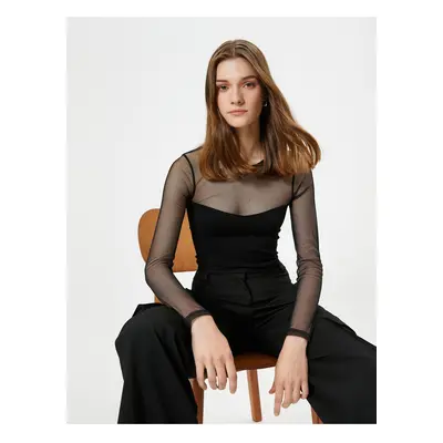 Koton Crop T-Shirt Long Sleeve Sheer Tulle Detailed