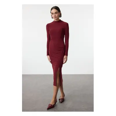 Trendyol Burgundy Drape Detailed Slit High Collar Fitted Flexible Midi Knitted Dress