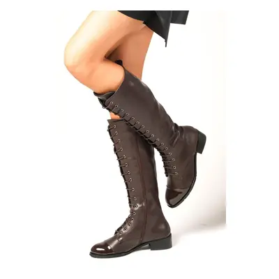 Mio Gusto Shannon Brown Color Lace Up and Zipper Thin Fur Lined Women's Short Heeled Boots