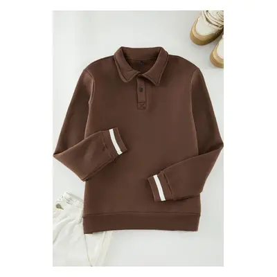 Trendyol Brown Oversize/Wide Cut Buttoned Polo Collar Thick Polar Fleece Sweatshirt