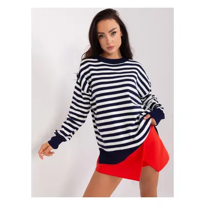 Navy blue and ecru women's oversize sweater with a striped pattern