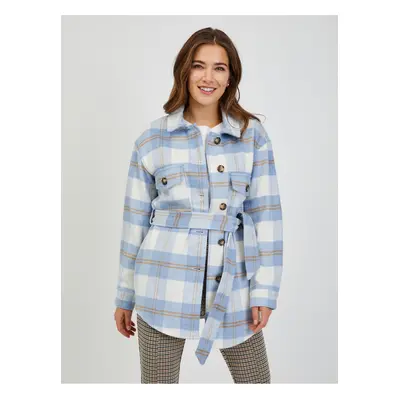 White-blue ladies plaid shirt jacket with tie ORSAY - Ladies