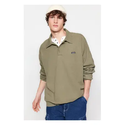 Trendyol Men's Light Khaki Oversize/Wide-Fit Label Long Sleeve Textured Cotton Polo Neck Sweatsh