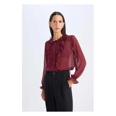 DEFACTO Regular Fit Crew Neck Ruffle Detail Chiffon Long Sleeve Blouse