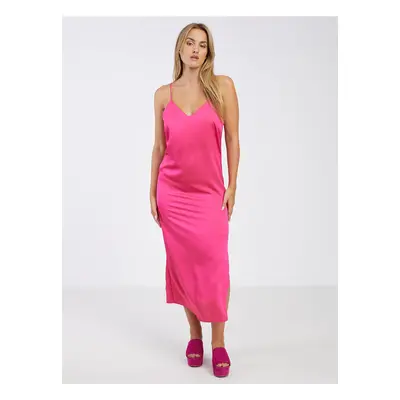 Dark pink ladies satin midishdresses VILA Ellette - Ladies