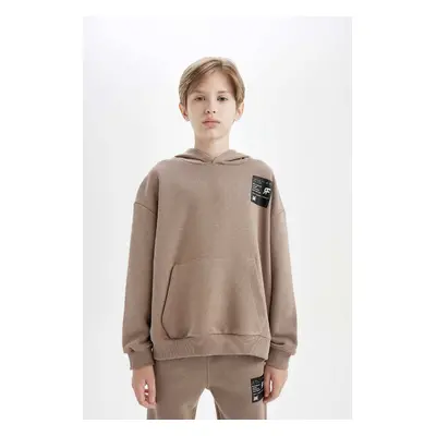 DEFACTO Boy Brown Oversize Fit Wide Pattern Hooded Pocket Thick School Sweatshirt