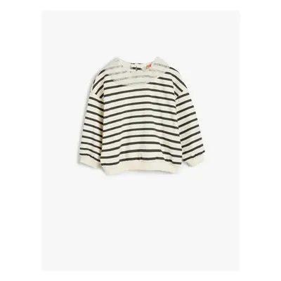 Koton Striped Sweatshirt Tulle Collar Detail Long Sleeve Raised Cotton