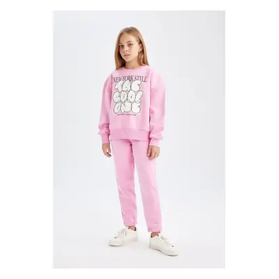 DEFACTO Girl Printed Crew Neck Thick Sweatshirt Elastic Waist Jogger Tracksuit Bottoms 2-Piece S