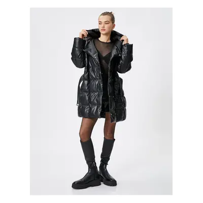 Koton Puffer Long Coat Leather Look Hooded Belt Detailed Pocket Quilted