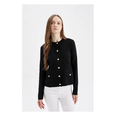 DEFACTO Crew Neck Basic Plain Buttoned Pocket Knitwear Cardigan