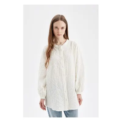 DEFACTO Relax Fit Crew Neck Seersucker Textured Long Sleeve Shirt Tunic