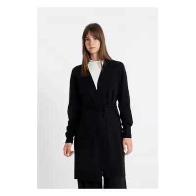 DEFACTO Regular Fit Basic Plain Belted Long Knitted Black Cardigan