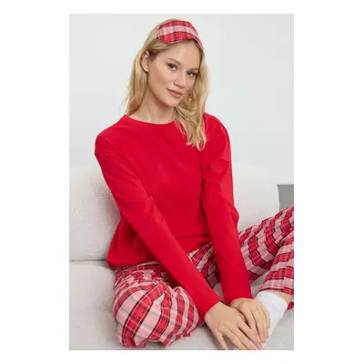 Trendyol Red Cotton Plaid Sleep Band Knitted Pajama Set