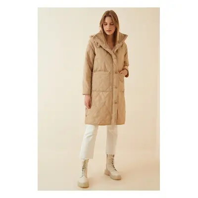 Happiness İstanbul Women's Cream Pocket Hooded Oversize Quilted Coat