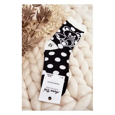 Women's mismatched socks with teddy bear, white and black