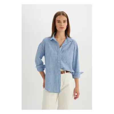 DEFACTO Oversize Fit Striped Linen Look Long Sleeve Shirt