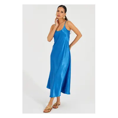 Cool & Sexy Women's Indigo Satin Strap Midi Dress