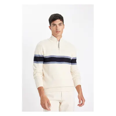 DEFACTO Men's Beige Standard Fit Regular Cut Turtleneck Half Zipper Striped Knitwear Sweater