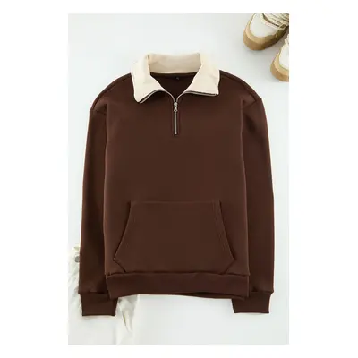 Trendyol Brown Oversize/Wide Cut Stand Collar Zippered Polar Fleece Inside/Warm Sweatshirt