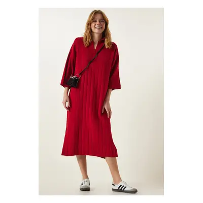 Happiness İstanbul Women's Red Polo Neck Oversize Knitwear Dress