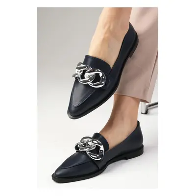 Mio Gusto Navy Blue Chain Accessory Women's Loafer Daily Flat Shoes