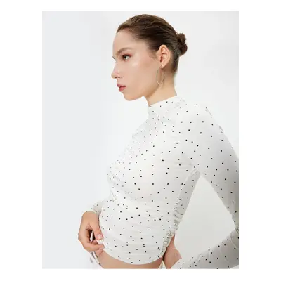 Koton Polka Dot T-Shirt Long Sleeve Stand Collar Slim Fit Draped