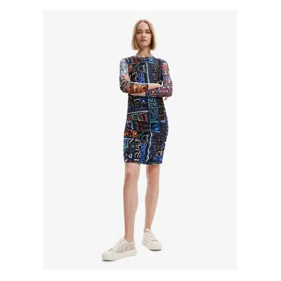 Blue and Black Women Patterned Sheath Mini Dress Desigual Lettering - Women