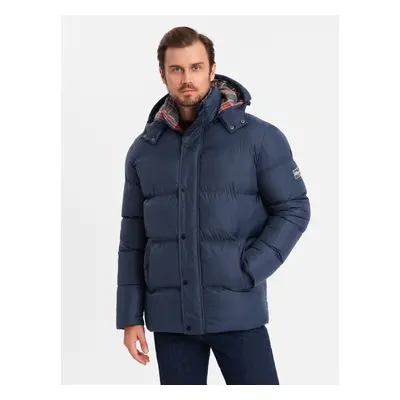 Ombre Men's puffer jacket with check lining - navy blue