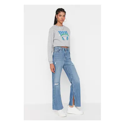 Trendyol Blue Slit High Waist Wide Leg 90's Jeans with Slits