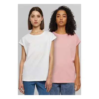 Women's Extended Shoulder Tee T-Shirt - 2pcs - Pink + White