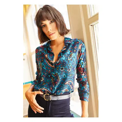 Olalook Women's Blue Paisley Patterned Shirt