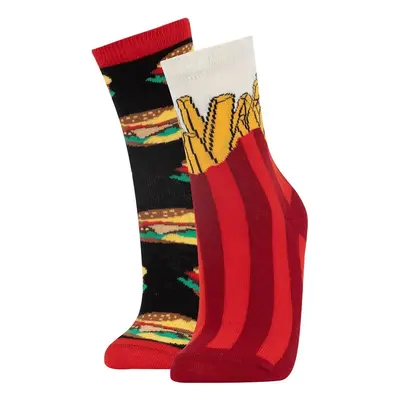 DEFACTO Women's Hamburger Printed 2-Piece Cotton Fun Socks