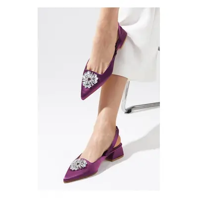 Mio Gusto Claudia Purple Color Women's Short Heeled Shoes Open Back Satin Fabric with Crystal St