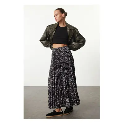 Trendyol Dark Brown Pleated Leopard Printed Stretchy Knitted Skirt