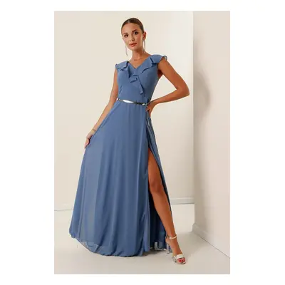 By Saygı Chiffon Slit Long Dress with Flounce Collar and Belt