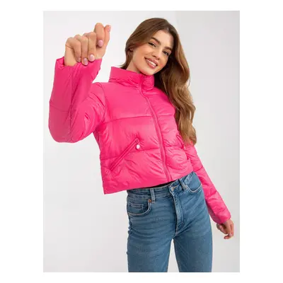 Dark pink short transitional quilted jacket with pockets