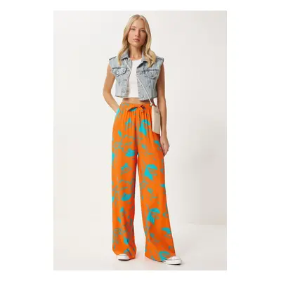 Happiness İstanbul Women's Orange Blue Patterned Flowy Viscose Palazzo Trousers