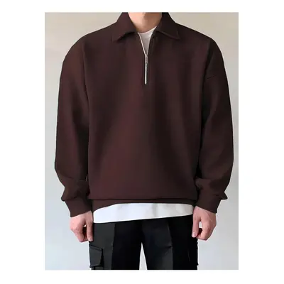 43297 Dewberry Oversize Half Zipper Mens Sweatshirt-COFFEE