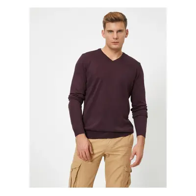 Koton Men's Purple V-Neck Long Sleeve Knitwear Sweater