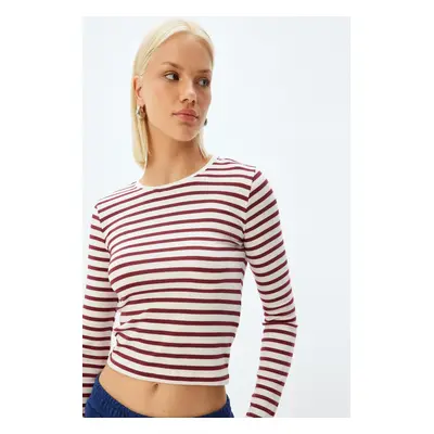 Koton Claret Red Striped Women's T-Shirt