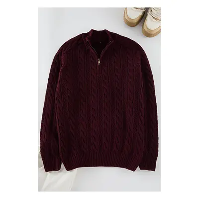 Trendyol Claret Red Unisex Zippered Half Turtleneck Knit Sweater