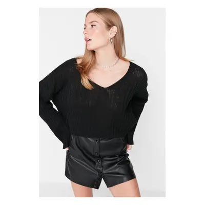 Trendyol Black Wool Wide Fit Crop Basic Knitwear Sweater