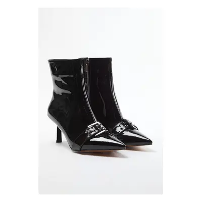 Trendyol Black Antique Buckled Pointed Toe Patent Leather Women's Thin Heeled Boots